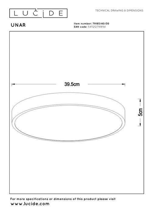 Lucide UNAR - Flush ceiling light - Ø 39,5 cm- LED 3 StepDim - 1x24W 2700K - Black - technical